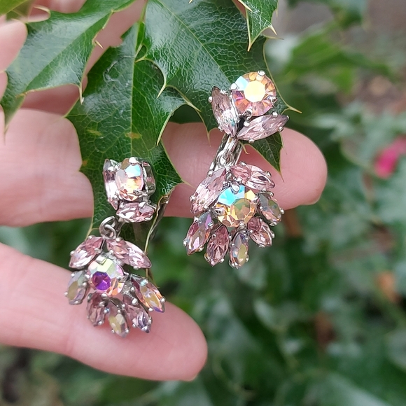 Sherman Rhinestone Pink Aurora Borealis Earrings, Sherman Pink Dangle earrings - Picture 2 of 5
